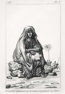 Rene Caille pohtii Koraania ja tekee muistiinpanoja Rene Caillien (1799-1838) julkaisusta Journal dun voyage a Tombouctou, 1830