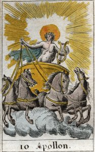 Laulun, musiikin ja runouden jumalan Apollon esitys hänen vaunuissaan (Apollo, valon, musiikin, runouden jumala). Pierre Blanchardin "Nuoruuden mytologiasta" vuodelta 1803. tekijältä French School
