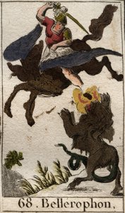 Esitys Bellerophonista, ratsastaa Pegasella, tappaa kimeeriä (Bellerophonin esitys Pegasuksella, keihään keihäs). Pierre Blanchardin "Nuoruuden mytologiasta" vuodelta 1803. tekijältä French School