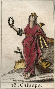 Esitys Calliopesta, eeppisen runouden museosta, hän pitää kädessään kruunua ja epopeen trumpettia (Representation of Calliope, Muse of sankarirunous). Pierre Blanchardin "Nuoruuden mytologiasta" vuodelta 1803. tekijältä French School