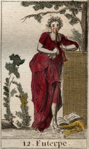 Esitys Euterpesta, musiikin museosta, nuottikirjojen ympäröimänä ja soittamassa kaksoishuilua (aulos) (Euterpe, musiikin muse, kuvaa pitelemässä kaksoishuilua (aulos)). Pierre Blanchardin "Nuoruuden mytologiasta" vuodelta 1803. tekijältä French School