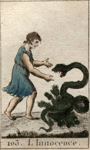 Viattomuuden esitys lapsena, joka ruokkii vaarallista käärmettä. Pierre Blanchardin "Nuoruuden mytologiasta" vuodelta 1803. tekijältä French School