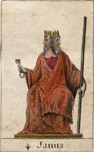 Esitys Januksesta, alun ja kohtien jumaluudesta, häntä esitetään kahdella kasvolla (Janus (tai Ianus) on porttien, ovien, alkujen ja lopun jumala, esitetty kahdella kasvolla ja avaimella). Pierre Blanchardin "Nuoruuden mytologiasta" vuodelta 1803. tekijältä French School