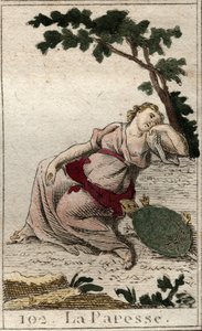 Edustus Lazinessista, yön ja unen tyttärestä nuorena miehenä kilpikonnan kanssa. Pierre Blanchardin "Nuoruuden mytologiasta" vuodelta 1803. tekijältä French School