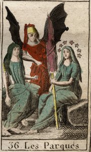 Parques (kabinetit), Clotho, Lachesis ja Atropos, ihmiskohtaloiden jumaluudet, syntymästä kuolemaan, hyvin vanhoina naisina, jotka pyörivät. (Parcae, Clotho, Lachesis ja Atropos, ihmisen kohtalon personifikaatio, esitetty vanhoina naisina, jotka pyörivät). tekijältä French School