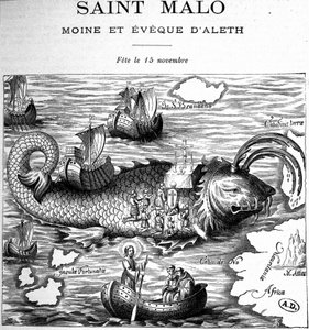 Saint Malon (Saint Macloun) esitys valaan selässä, jota Clonfert edustaa Saint Brendanin (Brandan) tai Clonfertin Breanainn (n. 484-577/578) tiellä - kaiverrus tekijältä French School