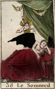 Unen esitys, lepää ikuisesti palatsissa, lähellä unelmien siipiä. (Somnus, unen jumala, hän nukkuu palatsissa siivekkäiden unien ympäröimänä) Pierre Blanchardin teoksesta "Mythologie de la jeunesse" 1803. tekijältä French School