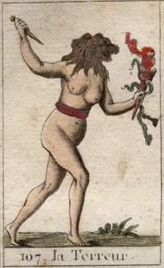 Terrorin esitys naisena, jolla on leijonan pää, jolla on veitsi ja käärmeitä. Pierre Blanchardin "Nuoruuden mytologiasta" vuodelta 1803. tekijältä French School