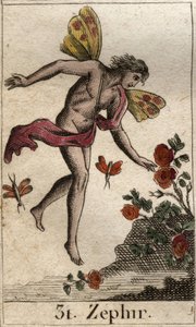 Edustus Zephyristä, länsituulen personifikaatiosta. (Zephyrus (tai Zephyr) länsituulen henkilöitymä). Pierre Blanchardin "Nuoruuden mytologiasta" vuodelta 1803. tekijältä French School