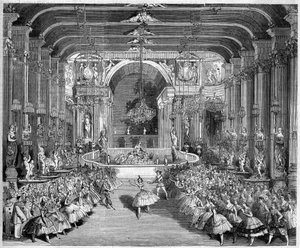 Baletin esitys: Messinan kasino, "Messinan tähden" ensimmäisen näytöksen skenografia Nicolo Gabriellin (1814-1891) musiikilla. Sisustuksen on toteuttanut Edouard Desplechin. Pariisi, Theatre de l