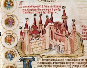Jerusalemin kaltaisen linnoitetun kaupungin kuva Sivu on otettu ranskalaisen koulukunnan käsikirjoituksesta "Genealogie de la Bible". 1300-luku Cremone, biblioteca governativa. tekijältä French School