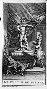 Esitys kohtauksesta Jean Baptiste Poquelin dit Molieren (1622-1673) kappaleesta "Dom juan ou le fen de Pierre" (1665). Kaiverrus vuodelta 1739. tekijältä French School