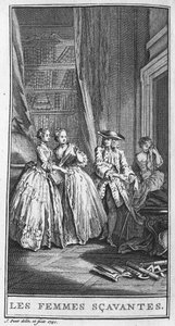 Esitys kohtauksesta Jean Baptiste Poquelin dit Molieren (1622-1673) näytelmästä "Les femmes savantes" (1672). Kaiverrus vuodelta 1740. tekijältä French School