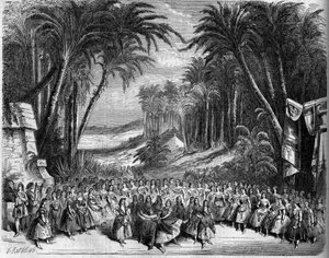 Oopperan esitys: "The Queen of Saban" II näytöksen lavastus Michel Carren (1819-1872) ja Jules Barbierin (1822-1901) libretolla ja Charles Gounodin (1818-1893) musiikilla. Pariisi, Theatre de l