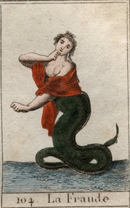 Pettäminen (epärehellisyys) vaarallisena käärmeenä, jolla on hymyilevä naisen pää). Pierre Blanchardin "Nuoruuden mytologiasta" vuodelta 1803. tekijältä French School