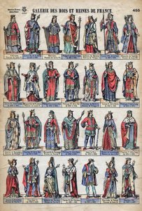 Edustus Ranskan kuninkaat ja kuningattaret Kapetian dynastiasta (Ludd VII:sta Kaarle VIII:aan). Kuvitus 1800-luvun lopulla. tekijältä French School