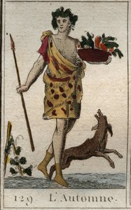 Syksyn esitys Vertumnena pitelemässä hedelmäkoria koiran kanssa. (Kesä edusti Vertumnusta, jolla oli hedelmäkori koiran kanssa). Pierre Blanchardin "Nuoruuden mytologiasta" vuodelta 1803. tekijältä French School