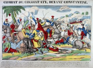 Kuvaus Coudiat Atyn taistelusta ennen Constantinea, joka johti Konstantinuksen vangitsemiseen 13. lokakuuta 1837. Kuva Epinalista tekijältä French School