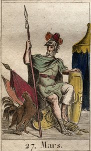 Edustus sodan jumalasta Mars, ase, lähellä kukkoa. (The God of War Mars aseistettu nastalla). Pierre Blanchardin "Nuoruuden mytologiasta" vuodelta 1803. tekijältä French School