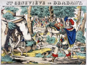 Edustus legendasta Saint Genevieve Brabantista. Kohtaus metsään hylätyn Genevieven ja hänen miehensä kohtaamisesta. Kuva Epinalista tekijältä French School
