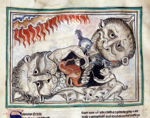 Esitykset alamaailman olennoista, jotka lyövät 1200-luvun ranskalaisen koulukunnan valaiseman "The Apocalypse of Cambrain" -miniatyyriä. Ms. 422. Municipal Library, Cambrai tekijältä French School