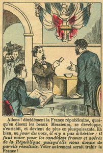 Tasavaltalainen Ranska ansaitsi ranskalaisten äänen. Kaiverrus, Le Figaro -lehdessä 30.3.1889, Pariisi. Coll. Selva. tekijältä French School