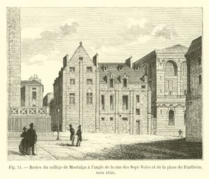 Montaigu-opiston jäänteet rue des Sept-Voiesin ja Place du Pantheonin kulmassa, noin 1850 tekijältä French School
