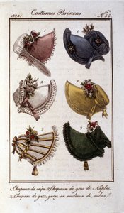 Restaurointitila: erilaisia hattumalleja naisille kreppiä, harsoa, samettia. Kaiverrus vuodelta 1820 tekijältä French School