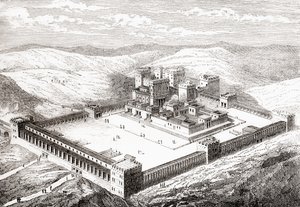 Salomonin temppelin korvannut restauroitu toinen temppeli Jerusalemissa, julkaisusta Les Merveilles de la Science, 1870. tekijältä French School