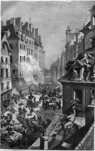 Vuoden 1830 vallankumous: taistelu faubourgissa Saint Antoine. Kaiverrus Maurice Lachatren teokseen "Paavien-kuninkaiden-kuningattaren ja keisarien historia vuosisatojen ajan" tekijältä French School
