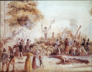 Heinäkuun vallankumous Pariisissa - Barrikadi Boulevard Saint Martinissa 1. elokuuta (akvarelli, n. 1830) tekijältä French School