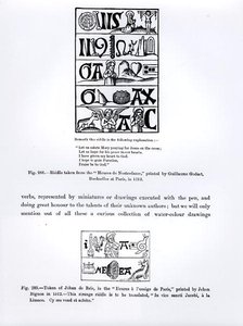Arvoitus Heures de Nostredamesta, painettu Guillaume Godart vuonna 1513, ja Jehan de Brien tunnus kirjasta Heures a lusaige de Paris, painettu Jehan Bignon vuonna 1512, kuvituksia Tieteestä ja tekijältä French School