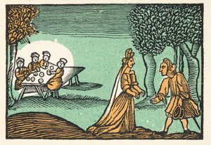 Riquet with the Tuft, The Histories or Tales of Past Times, kertoo Mother Goose, With Morals, M Perrault, pub. 1925 (käsinvärinen puupalikkaprintti) tekijältä French School