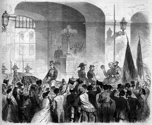 Risorgimento, Napoli, 7. marraskuuta 1860: Italian kuninkaan Victor Emmanuel II (Victor-Emmanuel) (Vittorio Emanuele) (1820-1878) sisäänkäynti Napolin kuninkaalliseen palatsiin sen jälkeen, kun väestö äänesti Napolin liittämisestä Italian kuningaskunta tekijältä French School