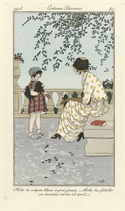 Valkoinen Crépon-mekko, jossa keltaisia pilkkuja - Tytön mekko kirsikanväristä ja vihreää tartania, Costumes Parisien, pub.1913 (kaavapainatus). tekijältä French School