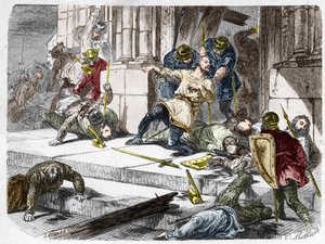 Robert the Fort kuoli (noin 815-866), Ranskan herttua, Brissarthen taistelun aikana vuonna 866 vastustaen frankeja Bretonin ja Vikingin yhdistävää armeijaa vastaan. Kaiverrus Paul Lehugeurin Histoire De France En Centin maalauksiin 1891 tekijältä French School
