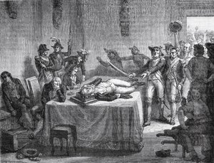 Robespierre odottaa teloitusta ampuen itseään leukaan vuonna 1794 tekijältä French School