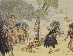 Robinson Crusoe tappaa kannibaalipäällikön ja pelastaa perjantain hengen (värilitho) tekijältä French School