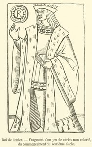 Pentacles kuningas, fragmentti värittömästä korttipakasta, 1500-luvun alusta (kaiverrus) tekijältä French School