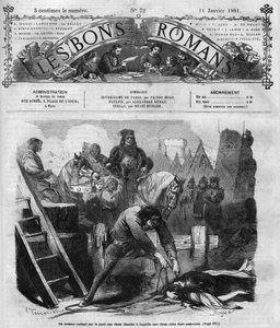 Roomalainen sarja: "" Notre Dame de Paris"", kirjoittanut Victor Hugo (1802-1885). Mies tyhjentää kaksi naista jalkakäytävälle. Kaiverrus "" Les bons romances"" tekijältä French School