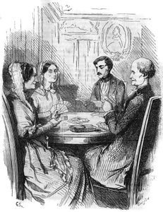 Roomalainen sarja: "" Monte Criston kreivi"" (Monte-Cristo), kirjoittanut Alexandre Dumas (1802-1870). Neljän hahmon välinen korttipeli. Kaiverrus "" Les bons romances"" tekijältä French School
