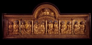 Romaaninen taide: Helluntai alttaritaulu: antependium puusta, kuparista ja emalista. Stavelotista (Maas) Noin 1160-1170. Pariisi, Keskiajan kansallismuseo, Thermes de Cluny tekijältä French School