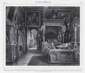 Huone Hotel de Clunyssa, Pariisissa, jossa Mary Tudor vietti suruaikansa vuonna 1515 miehensä, Ranskan kuninkaan Ludvig XII:n kuoleman jälkeen (litho) tekijältä French School