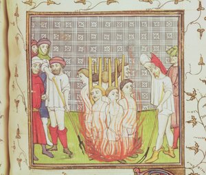 Roy 20 C VII f.44v Temppeliherrojen polttaminen, noin 1308 (pergamentti). tekijältä French School