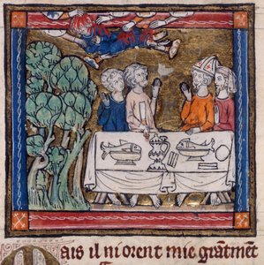 Royal 14 E. III, f.76v Seven Hands Cast Fire on Moys, kuvitus teoksesta "The Story of the Holy Graal" (vellum) tekijältä French School