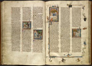 Kuninkaallinen 14 E. III, ff.88v-89 Lancelot poistamassa katkaistun isoisänsä, kuninkaan, pään kiehuvasta kaivosta; rakennus romahtaa kahden ritarin päälle. Oikealla miniatyyri Arthurista ja Guineveresta, jotka istuvat juhlalla, Estoire del Saint Graalista tekijältä French School