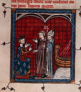 Royal 16 G. VI, f.337 Kuningas Filip II ja patriarkka, kuvitus Chroniques de France ou de Saint Denisistä (vellum) tekijältä French School
