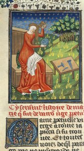 Royal 16 G. V, f.80 Jaia of Cyzicus, kampa, peili ja kuvanveistäjän työkalut, kuvitus Giovanni Boccaccion teoksesta "De Claris Mulieribus" (muste, väri ja kulta vellum-kalvolla); tekijältä French School