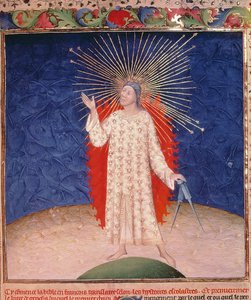 Royal 19 D III, f.3: Jumala tulen ympäröimänä kompassilla, Guyart des Moulinsin teoksesta Bible Historiale, n. 1411 (vellum) tekijältä French School