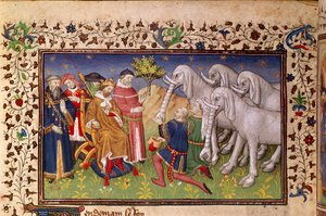 Royal 20 B. XX, fol.82v, Alexanderille valkoiset norsut, "La Vraye Histoire du Bon Roy Alixandre" (vellum) tekijältä French School